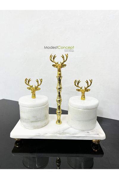 Modestmar Natural White Marble Spice Rack Set 3 pieces with lid gold deer object marble spice bowl set