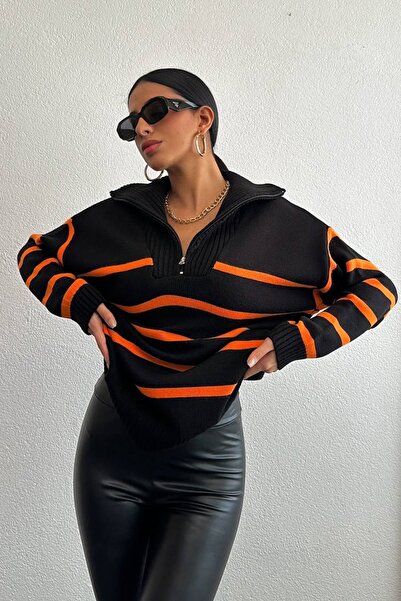 lovebox Închidere cu fermoar Fit oversize, umăr jos, mânecă lungă, cu dungi portocalii, negru, pulover pentru femei 8070