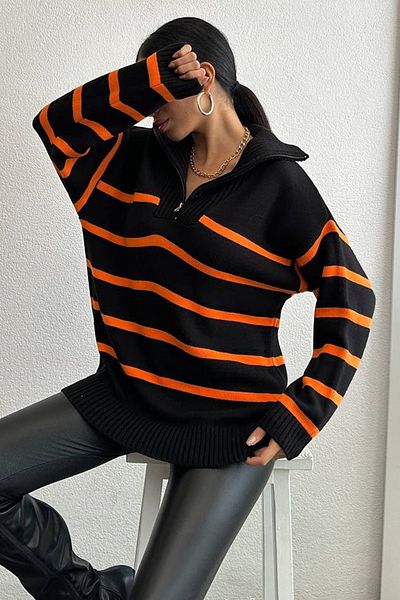 lovebox Zipper Closure Oversize Fit Low Shoulder Long Sleeve Orange Striped Black Women's Sweater 8070