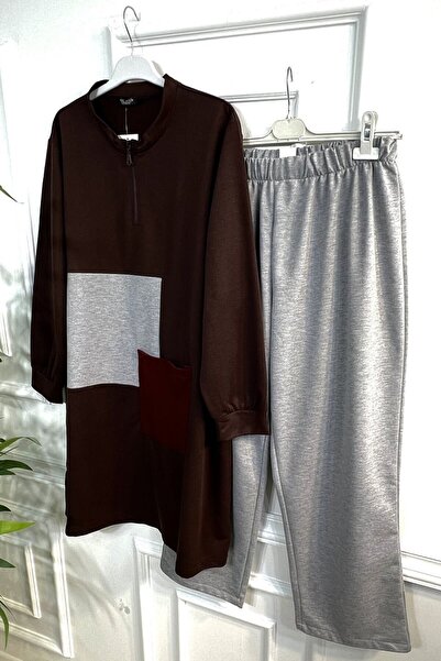 Aşkı Endam Двуделен костюм от пениран памук с цип и джоб, голям размер Umay - кафяв