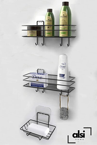 ALSİ HOME 3'lü Banyo Seti Yapışkanlı Paslanmaz Banyo Sabunluk Duşakabin Rafı ...