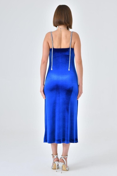bayansepeti Flexible Velvet Fabric Slit Detailed Collared Shiny Stone Strap Midi Length Saks Blue Dress 9333
