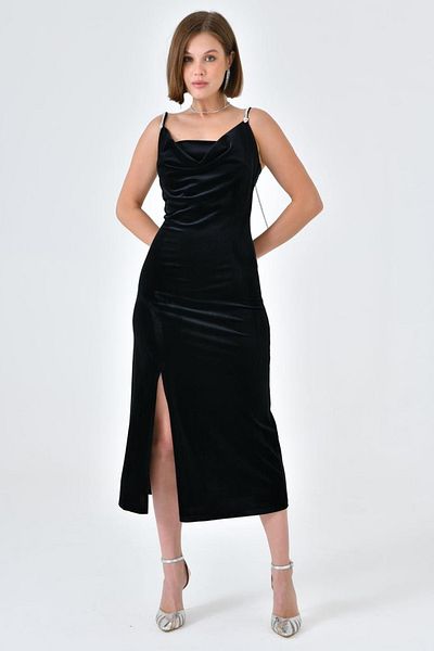 lovebox Shiny Stone Strap Slit Detailed Velvet Fabric Scoop Neck Midi Length Black Evening Dress 9333