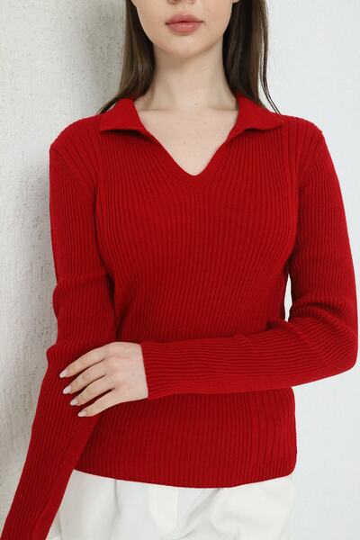 VEGENZE Women's Red Polo V-Neck Knitwear Sweater