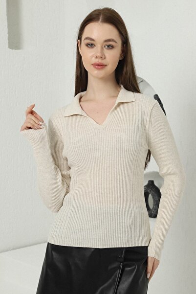 VEGENZE Women's Beige Polo V-Neck Knitwear Sweater