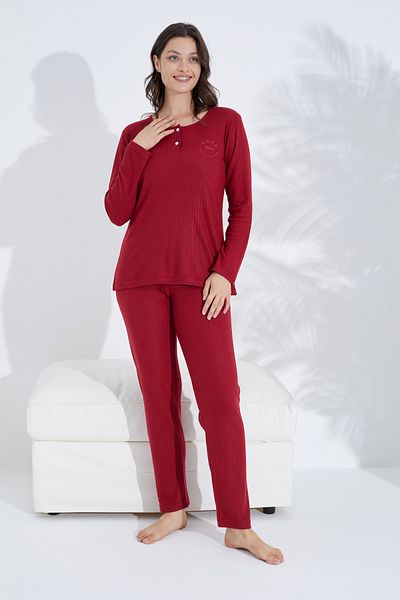 Siyah İnci burgundy embroidered Buttoned Knitted Pajama Set