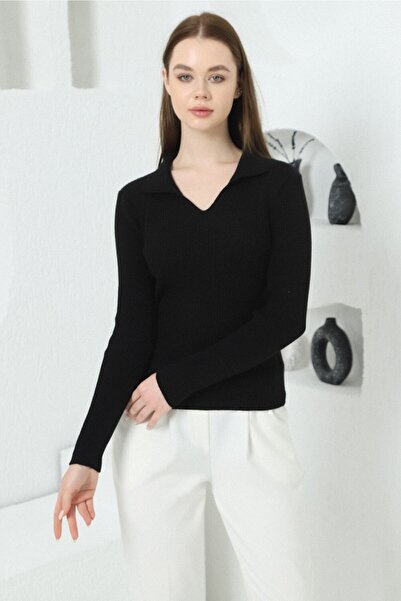 VEGENZE Women's Black Polo V-Neck Knitwear Sweater