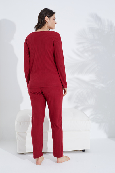 Siyah İnci burgundy embroidered Buttoned Knitted Pajama Set