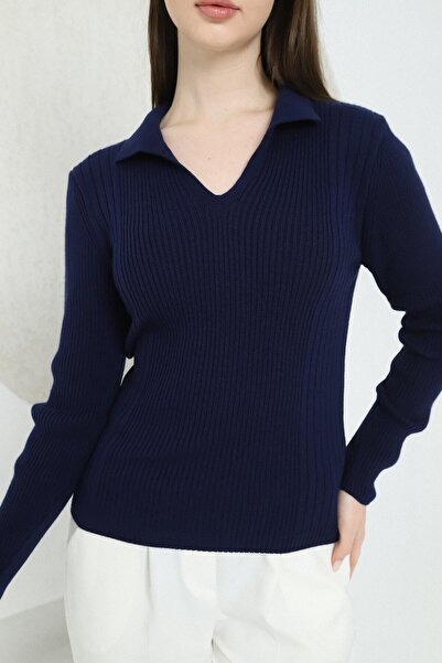 VEGENZE Women's Navy Blue Polo V-Neck Knitwear Sweater