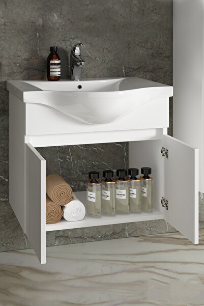 ÖZCEDEN Yıldız 55 cm Beyaz MDF Seramik Lavabolu Asma Banyo Alt Dolabı 