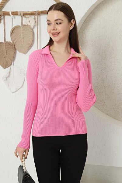 VEGENZE Women's Pink Polo V-Neck Knitwear Sweater