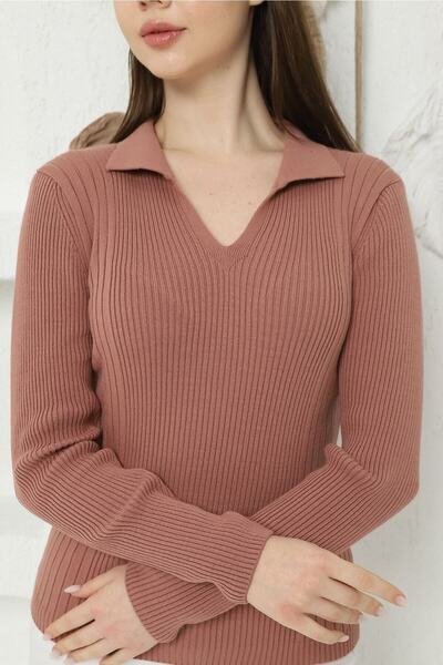 VEGENZE Women's Dusty Rose Polo V-Neck Knitwear Sweater