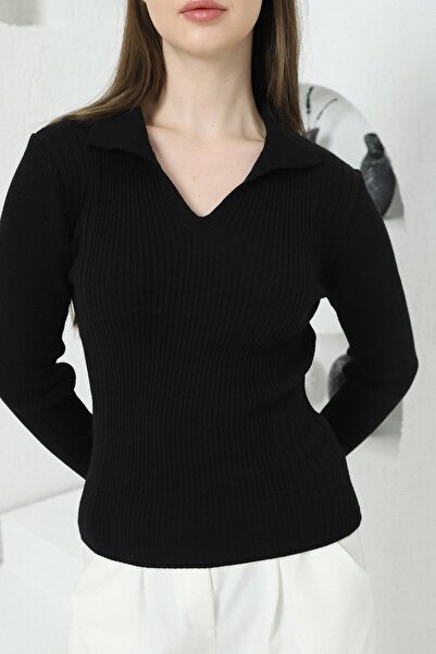 VEGENZE Women's Black Polo V-Neck Knitwear Sweater