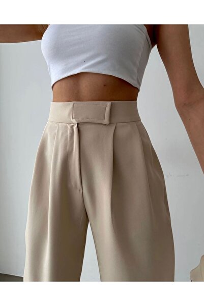 LAMİRAMOOD Neva Beige Women's Palazzo Stone Fabric Crtli Pants