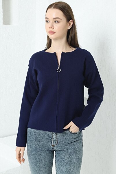 VEGENZE Γυναικεία πλεκτή ζακέτα με φερμουάρ από ατσάλι Navy Blue
