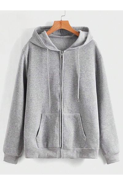 Boi Patternless Sweatshirt Zippered Cardigan - Gray Oversize Pocket Winter Hoodie