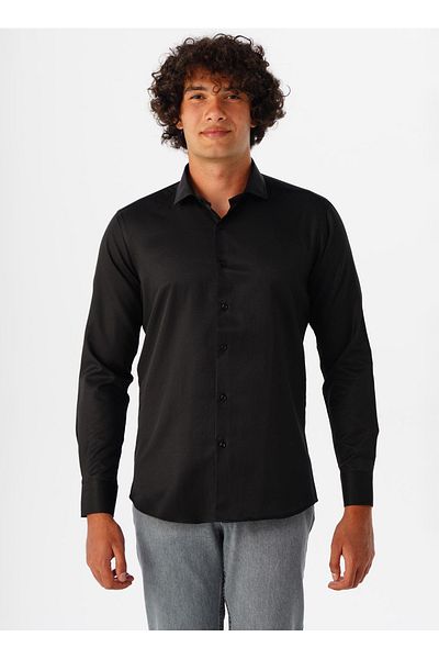 SÜVARİ Ανδρικό πουκάμισο Süvari Slim Fit Classic Dobby μαύρο GM2024700426