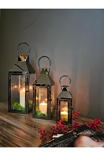 EVİMTATLIEVİM Black Mirror Paslanmaz Çelik Üçlü Mumluk Fener Seti