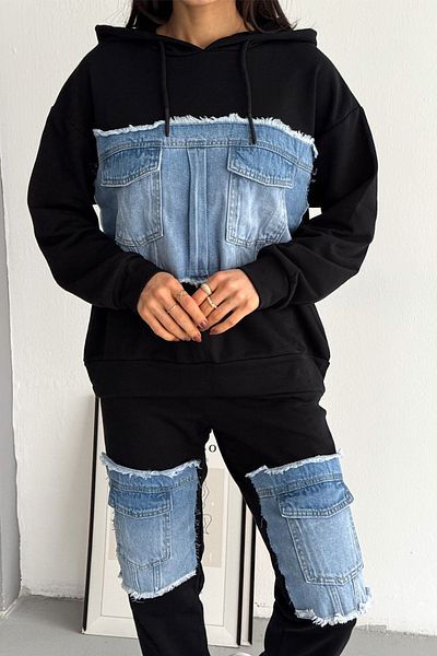 FEMELLE Women's Black Denim Striped Pocket Detailed Hooded Denim Bottom Top Set