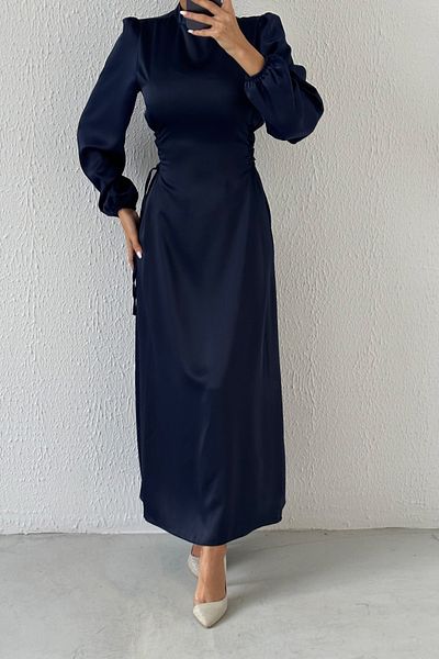 LEYUZE BUTİK Satin Hijab Evening Dress with Tie Waist Detail Navy Blue