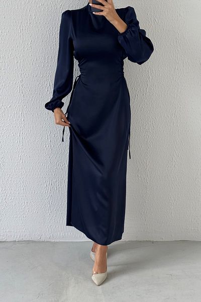 LEYUZE BUTİK Satin Hijab Evening Dress with Tie Waist Detail Navy Blue