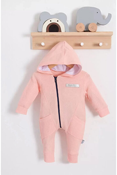 Bebeğin 50 Tonu Baby Girl Salmon Jumpsuit Side Pocket Hooded Zippered 100% Co...