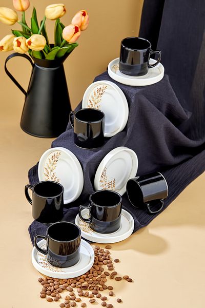 Erbaşlar India 12 Piece Luxury Ceramic Coffee Cup Set, Black Turkish Coffee Cup