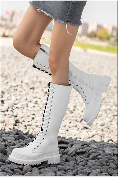 Bercestespor White Saknuk Leather Laced Zippered Heel Height 5 CM Full Length 29 Cm Women's Boots