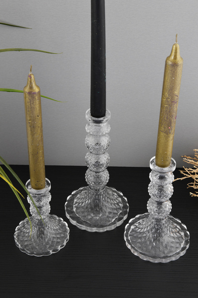 Nikadu HANE 3'lü Cam Şamdan Dekoratif Krıstal Görünümlü Mumluk Şamdan Seti