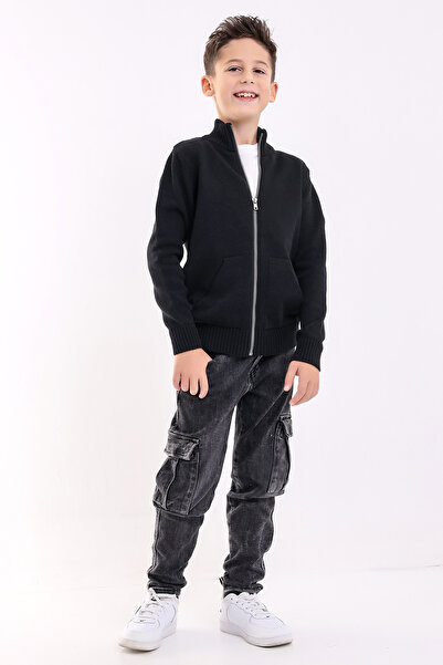 Matte Brüksel Boy's Black Pocket Knitwear Cardigan