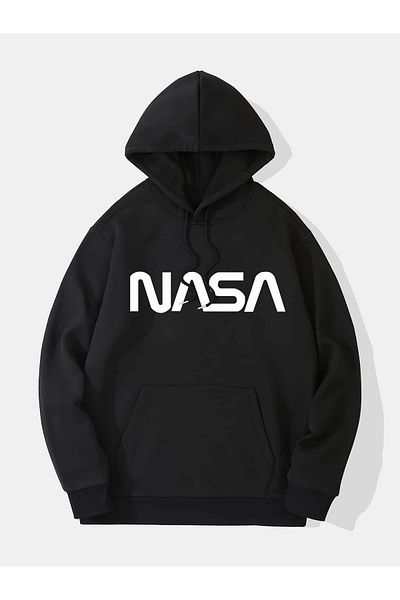 SUNFREE Суитшърт с десен NASA - черен, голям размер, с дебела качулка