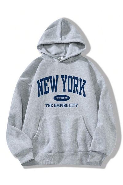 SUNFREE Суитшърт New York Empire - сив, с щампа и дебела качулка