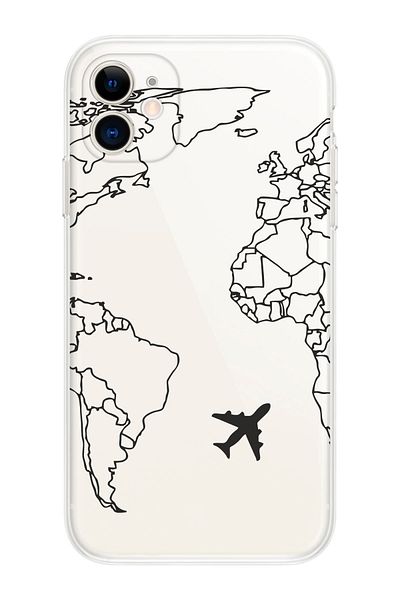 FocusCover حافظة هاتف شفافة متوافقة مع هاتف Iphone 11 مع تصميم خريطة العالم باللون الأسود