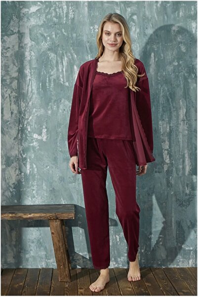 Mihra Kadın Pijama Takımı Soft Fransız Kadife Dantelli Sabahlıklı 3 lü Takım