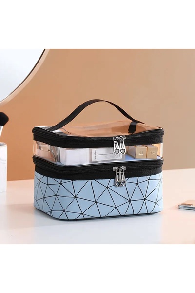 Lequeen حقيبة مكياج نسائية حقيبة مستحضرات التجميل ذات طبقتين مقصورة كبيرة