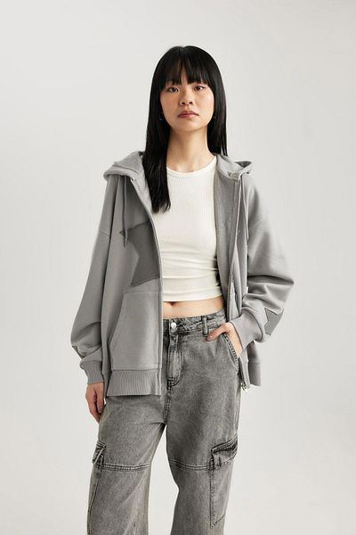 DeFacto Coool Oversize Fit Hooded Printed Thick Fabric Cardigan