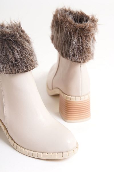 Joy Woman İNKA Zippered Orthopedic Sole Water and Cold Resistant Hairy Heeled Women's Boots KT Cream