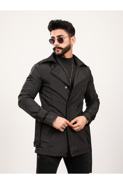Gambocci Men's Regular Fit Black Trench Coat