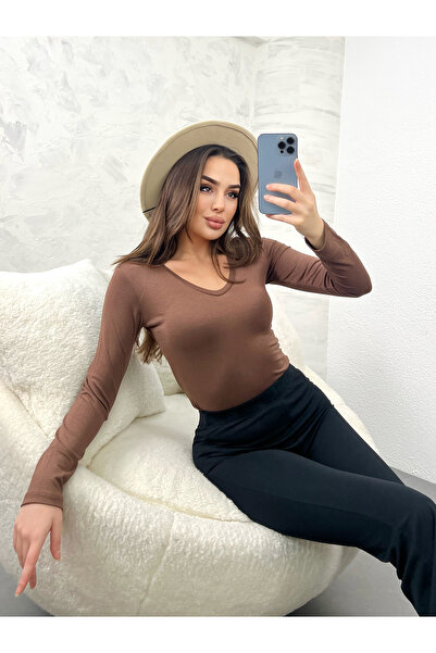 modavingo Kadın Kahverengi V Yaka Uzun Kollu Basic Body