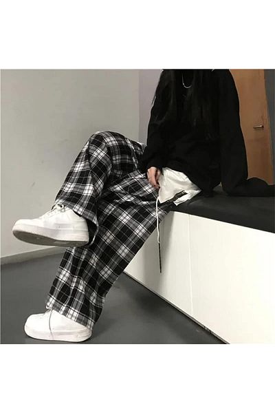 Köstebek Black and White Plaid Cotton Cashmere Casual Pants