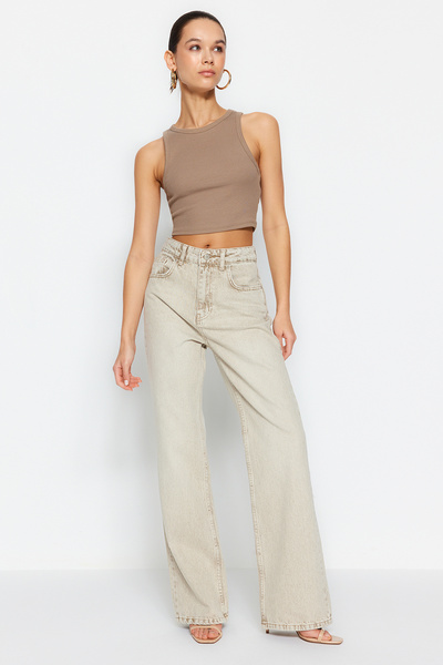 Trendyol Collection Μπεζ ξεθωριασμένο εφέ Vintage κανονικό τζιν με φαρδύ πόδι στη μέση TWOSS24JE00011