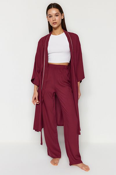 Trendyol Collection Plum 2-Piece Viscose Ribbed Dressing Gown-Pajama Bottoms Woven Pajama Set THMAW24PT00074