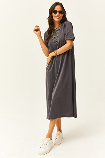 Olalook Kadın Füme Yanı Yırtmaçlı Oversize Pamuk Elbise ELB-19001880