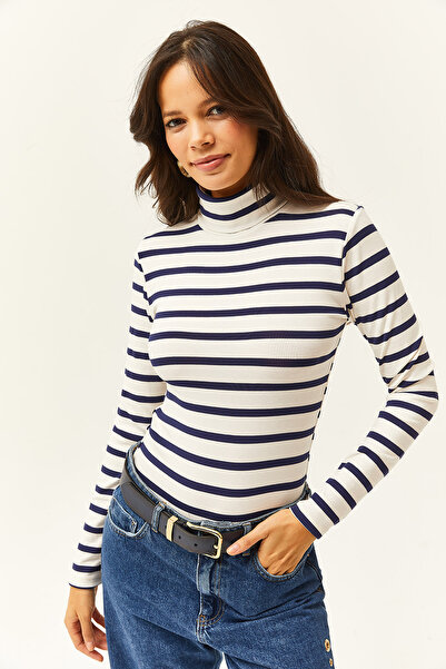 Olalook Kadın Lacivert Çizgili Balıkçı Yaka Premium Soft Touch Esnek Bluz BLZ-19002449