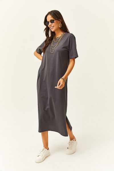 Olalook Geräuchertes Damen-Kleid aus übergroßer Baumwolle mit seitlichem Schlitz ELB-19001880
