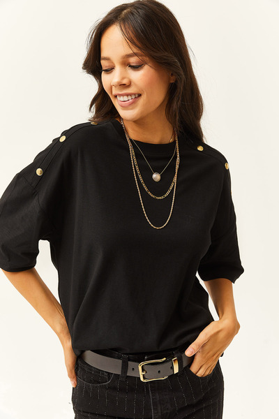 Olalook Γυναικείο μπλουζάκι με χρυσό βαμβακερό μαύρο ώμο TSH-19000763