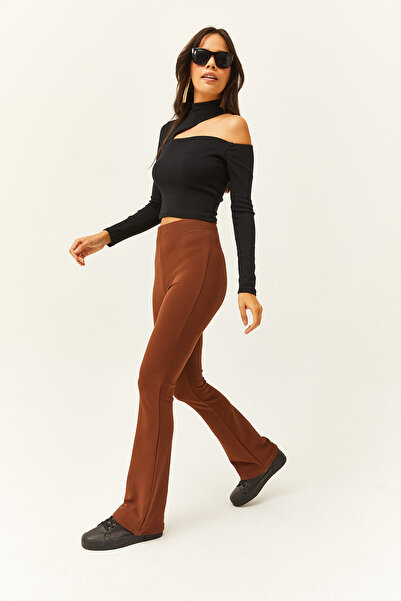 Olalook Women's Bitter Brown Flare Leg Lycra Trousers PNT-19000251