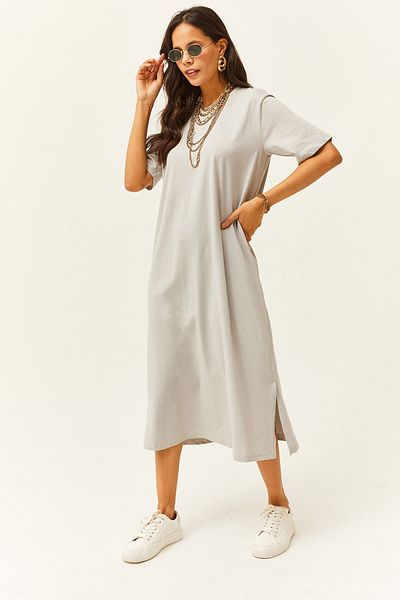 Olalook Graues Oversize-Baumwollkleid von Yunus für Damen mit Seitenschlitzen ELB-19001880