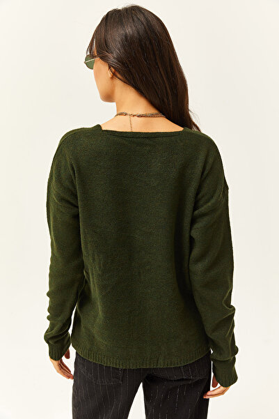 Olalook Pulover de damă, kaki, cu decolteu în V, din tricotaje cu textura moale KZK-19000598