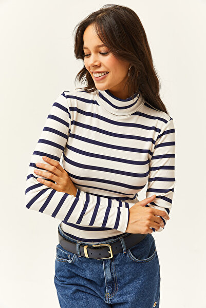 Olalook Kadın Lacivert Çizgili Balıkçı Yaka Premium Soft Touch Esnek Bluz BLZ-19002449